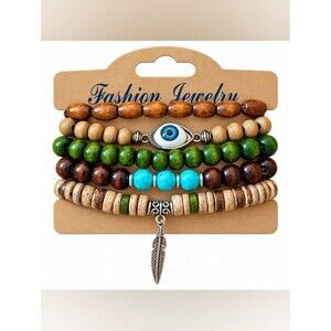 Boho Multi Strand Green Wood Bead Bracelet Set Turquoise Evil Eye Feather